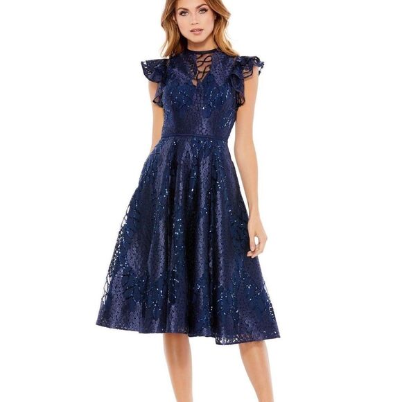 Mac Duggal 12467 Womens Flutter Sleeve Sequin Applique Cocktail Dress Blue 16 - Picture 2 of 15